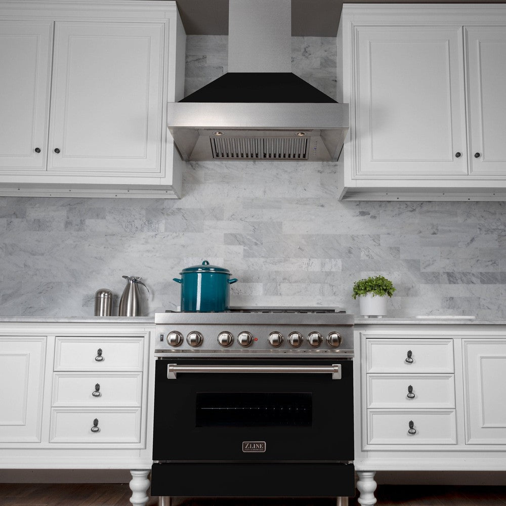 ZLINE 36 in. Ducted Satin Stainless Steel Wall Mount Range Hood with Black Matte Shell (8654BLM-36)