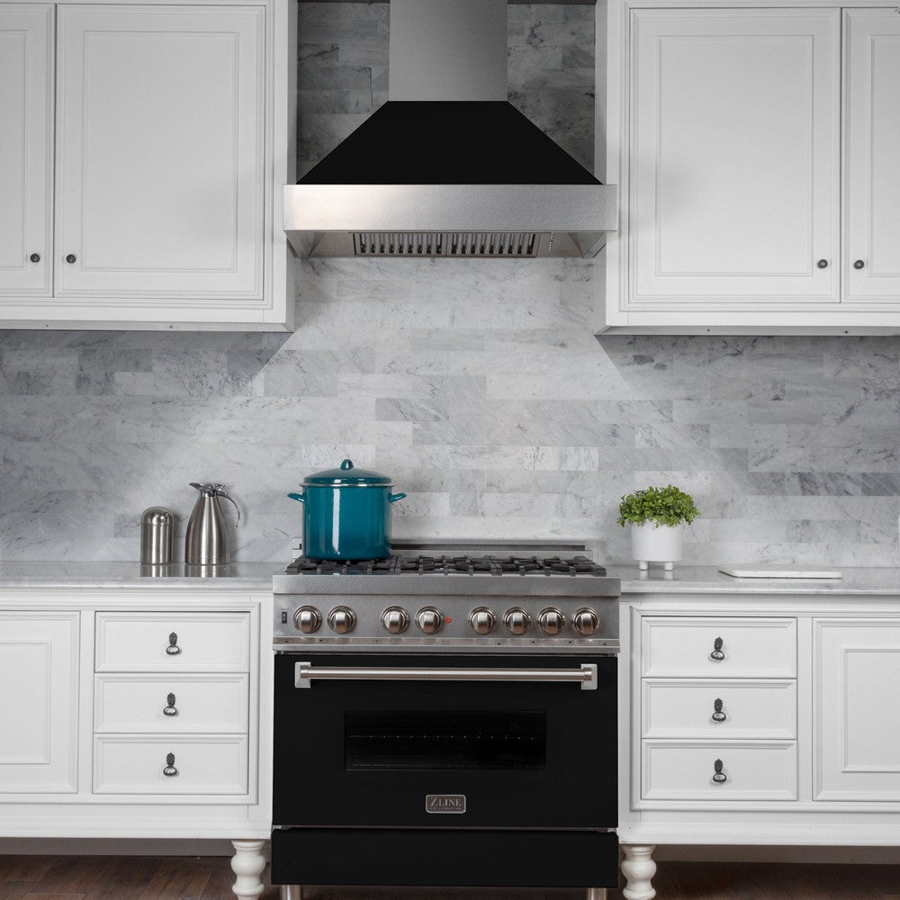 ZLINE 36 in. Ducted Satin Stainless Steel Wall Mount Range Hood with Black Matte Shell (8654BLM-36)