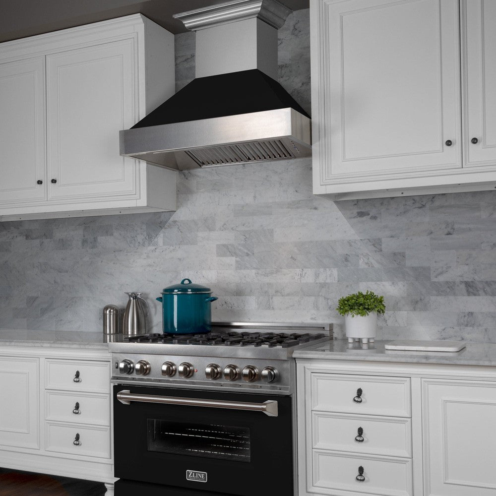 ZLINE 30 in. Ducted Satin Stainless Steel Wall Mount Range Hood with Black Matte Shell (8654BLM-30)