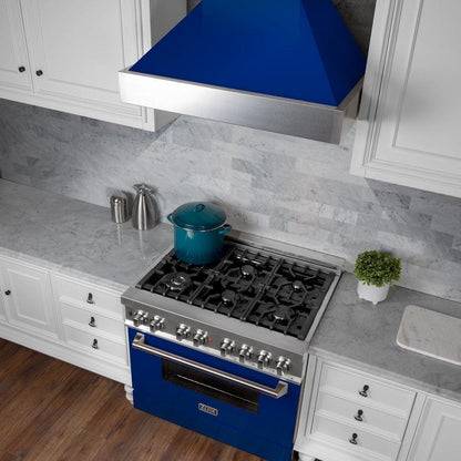 ZLINE 30 in. Ducted Satin Stainless Steel Wall Mount Range Hood with Blue Gloss Shell (8654BG-30)