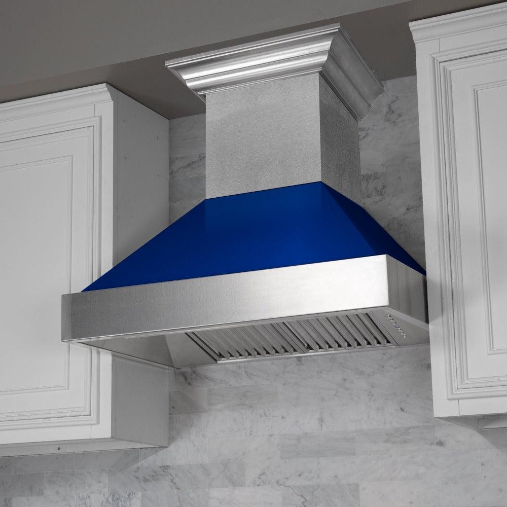 ZLINE 36 in. Ducted Satin Stainless Steel Wall Mount Range Hood with Blue Gloss Shell (8654BG-36)