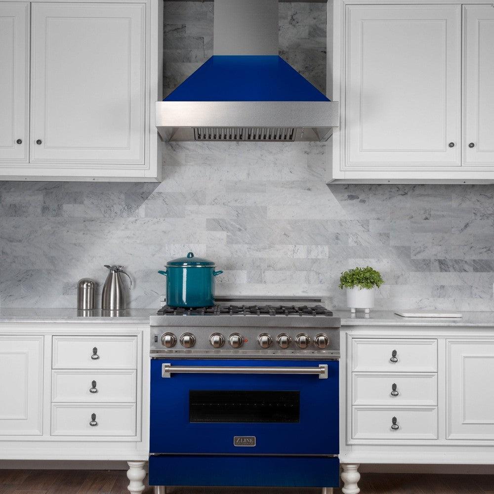 ZLINE 30 in. Ducted Satin Stainless Steel Wall Mount Range Hood with Blue Gloss Shell (8654BG-30)