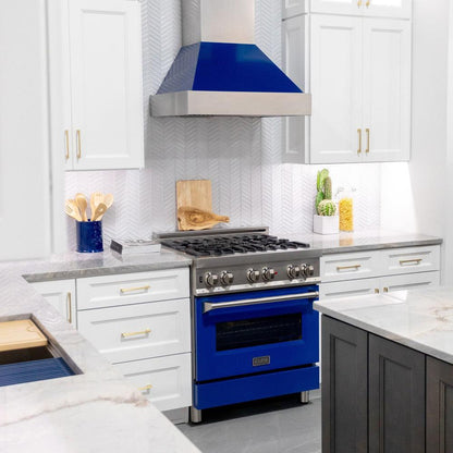 ZLINE 30 in. Ducted Satin Stainless Steel Wall Mount Range Hood with Blue Gloss Shell (8654BG-30)