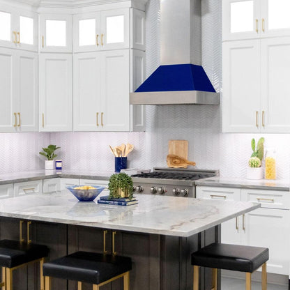 ZLINE 30 in. Ducted Satin Stainless Steel Wall Mount Range Hood with Blue Gloss Shell (8654BG-30)