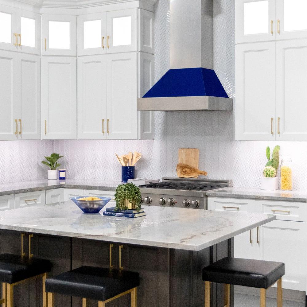 ZLINE 36 in. Ducted Satin Stainless Steel Wall Mount Range Hood with Blue Gloss Shell (8654BG-36)