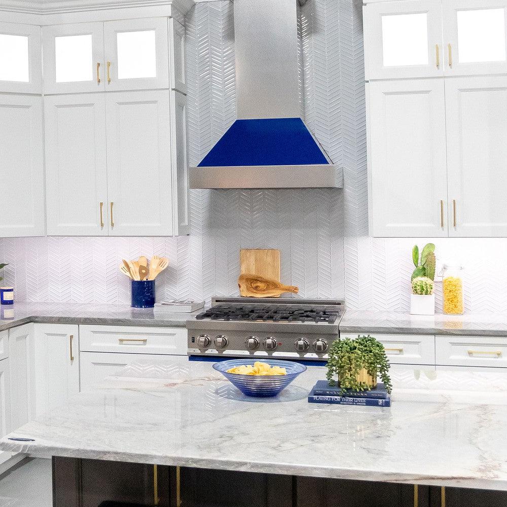 ZLINE 30 in. Ducted Satin Stainless Steel Wall Mount Range Hood with Blue Gloss Shell (8654BG-30)