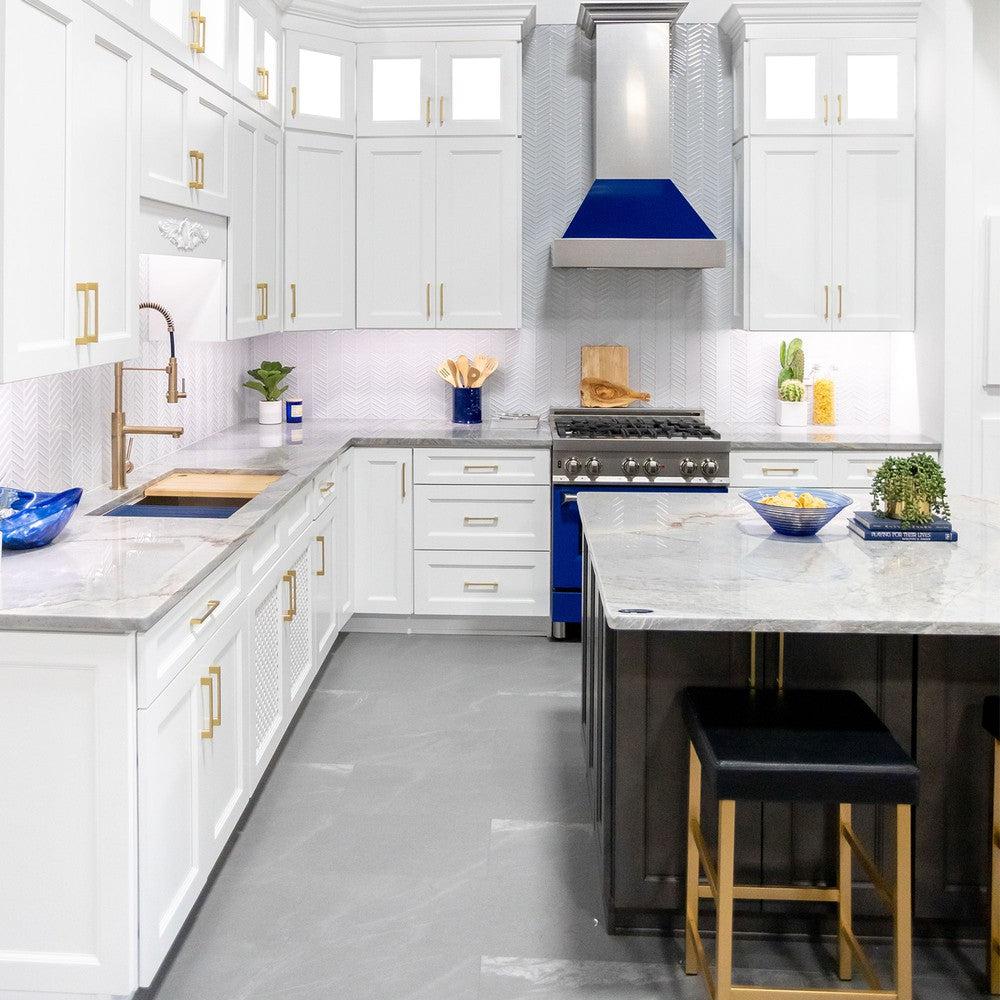 ZLINE 36 in. Ducted Satin Stainless Steel Wall Mount Range Hood with Blue Gloss Shell (8654BG-36)