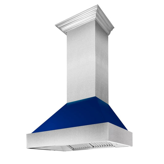 ZLINE 48 in. Ducted Satin Stainless Steel Wall Mount Range Hood with Blue Gloss Shell (8654BG-48)