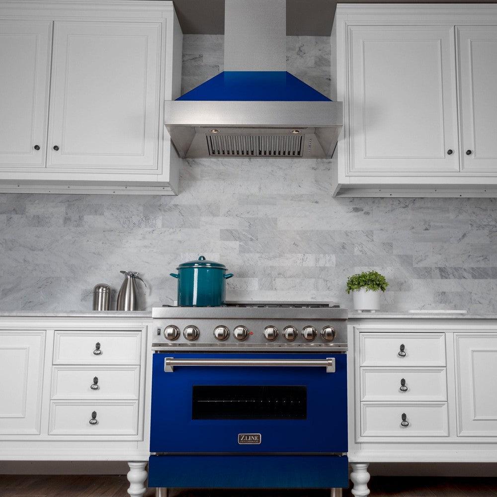 ZLINE 36 in. Ducted Satin Stainless Steel Wall Mount Range Hood with Blue Gloss Shell (8654BG-36)