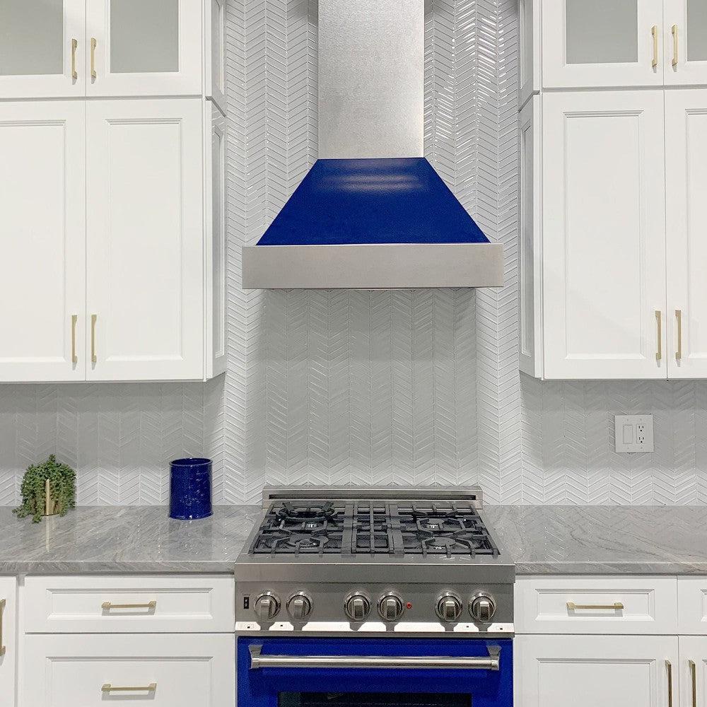 ZLINE 48 in. Ducted Satin Stainless Steel Wall Mount Range Hood with Blue Gloss Shell (8654BG-48)