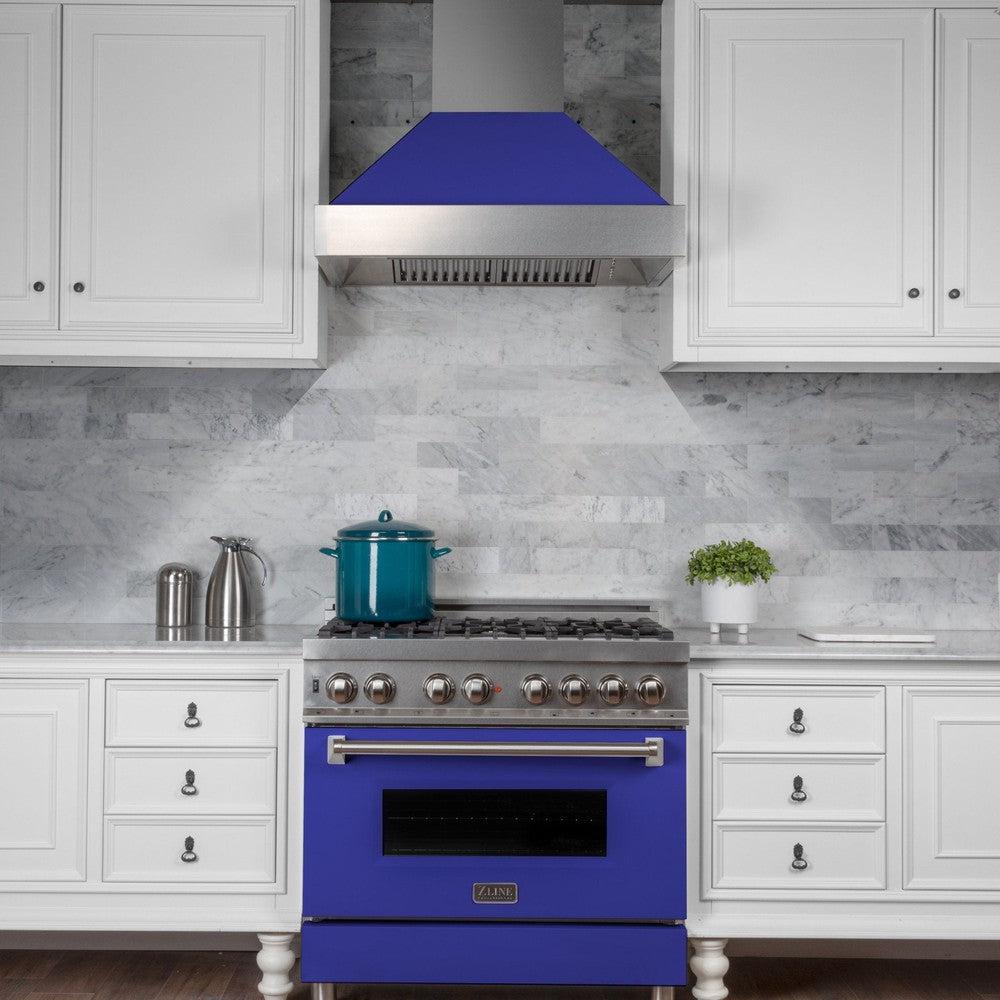 ZLINE 36 in. Ducted Satin Stainless Steel Wall Mount Range Hood with Blue Matte Shell (8654BM-36)