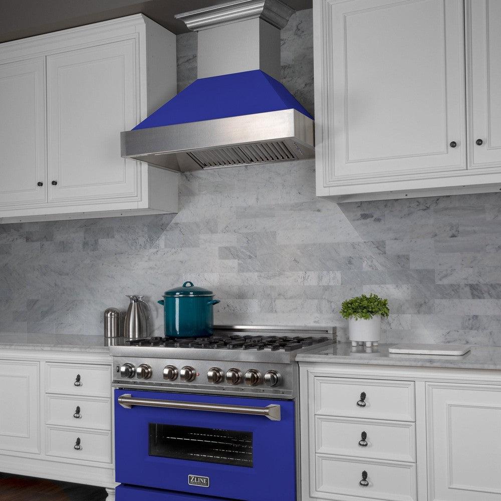 ZLINE 36 in. Ducted Satin Stainless Steel Wall Mount Range Hood with Blue Matte Shell (8654BM-36)