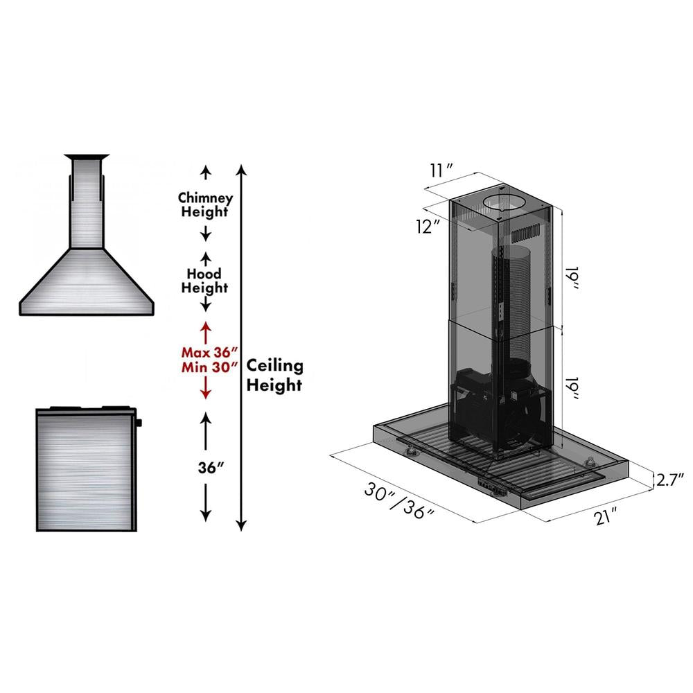 ZLINE 36 in. Convertible Island Mount Range Hood in Black Stainless Steel (BSKE2iN-36)