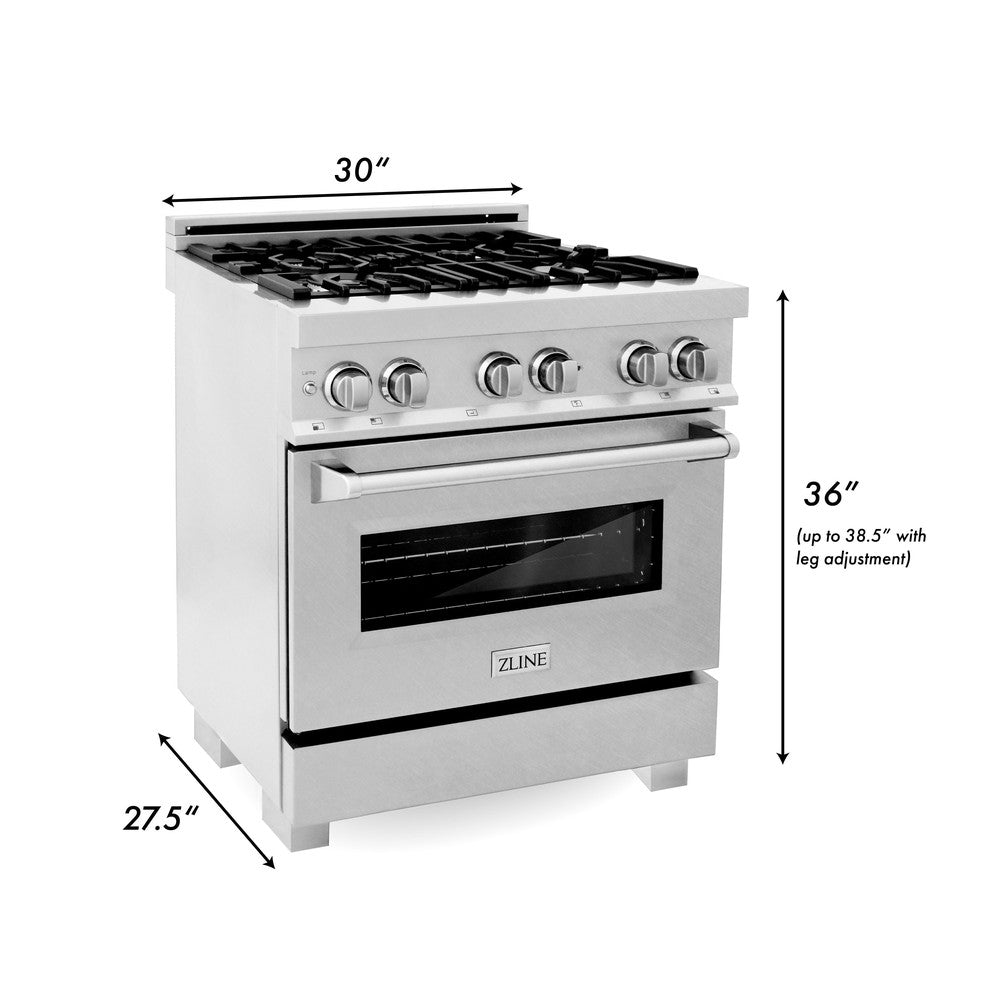 ZLINE 30 in. Kitchen Package with Satin Stainless Dual Fuel Range, Ducted Vent Range Hood and Dishwasher (3KP-RASRH30-DW)