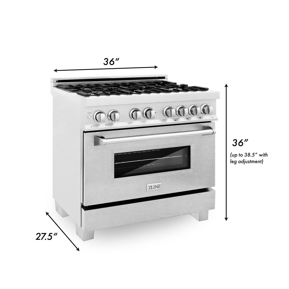 ZLINE 36 in. Kitchen Package with Satin Stainless Dual Fuel Range, Ducted Vent Range Hood and Tall Tub Dishwasher (3KP-RASRH36-DWV)