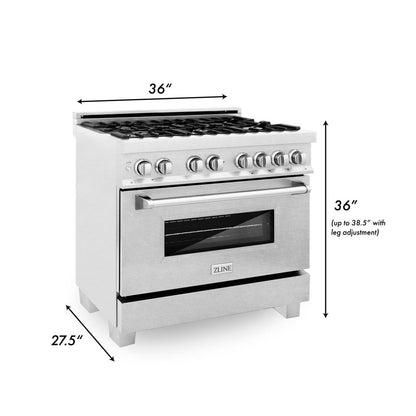 ZLINE 36 in. Kitchen Package with Satin Stainless Dual Fuel Range, Ducted Vent Range Hood and Tall Tub Dishwasher (3KP-RASRH36-DWV)