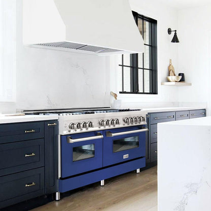 ZLINE 60 in. 7.4 cu. ft. Legacy Dual Fuel Range with 9 Burner Gas Cooktop and 2 Electric Convection Ovens in Stainless Steel and Blue Matte Doors (RA-BM-60)