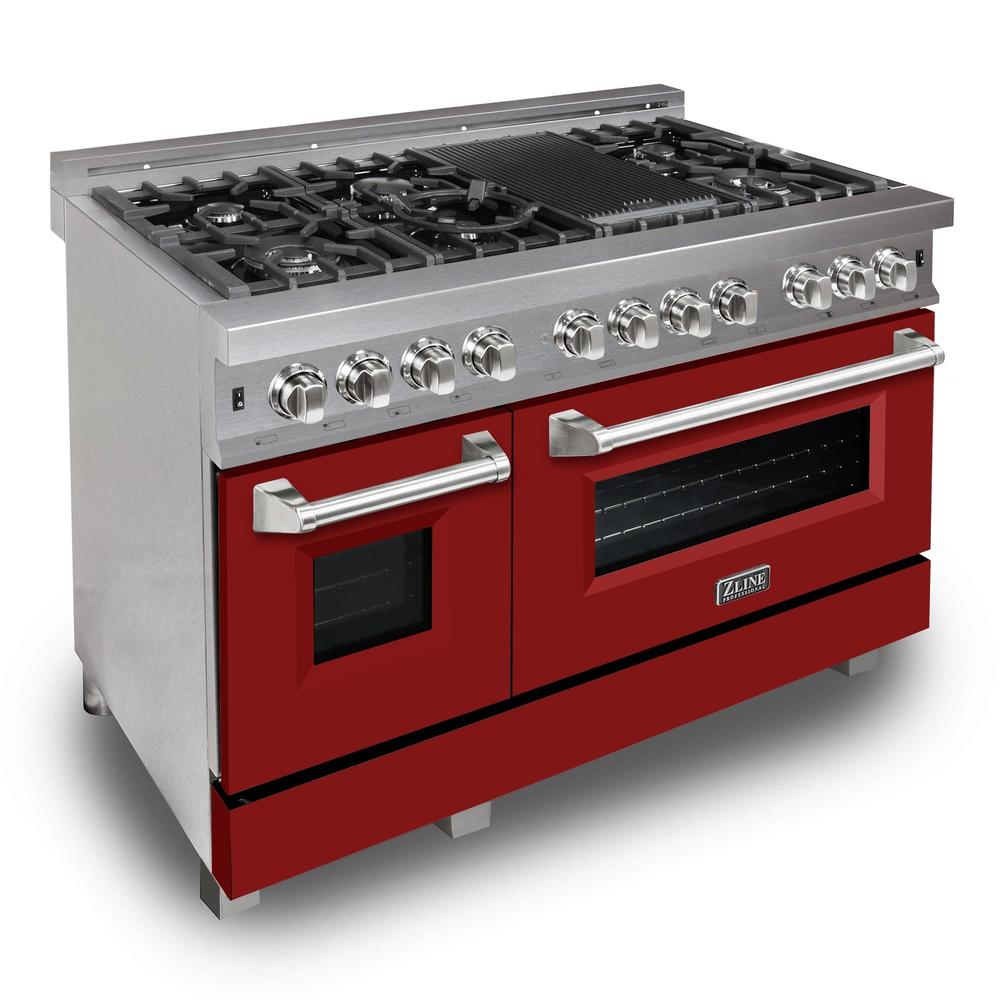 ZLINE 48 in. Kitchen Package with Satin Stainless Steel Dual Fuel Range with Red Matte Door and Convertible Vent Range Hood (2KP-RASRMRH48)