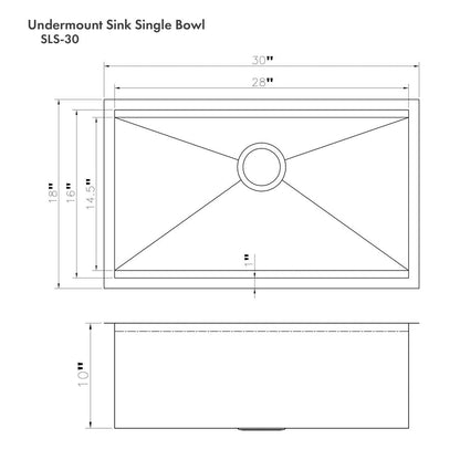ZLINE 30 in. Garmisch Undermount Single Bowl Stainless Steel Kitchen Sink with Bottom Grid and Accessories (SLS-30)